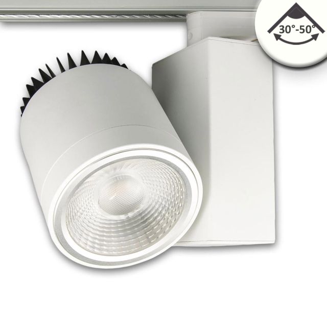 Projecteur sur rail triphasé focalisable, 30W, 30°-50°, blanc mat, 4000K, dimmable