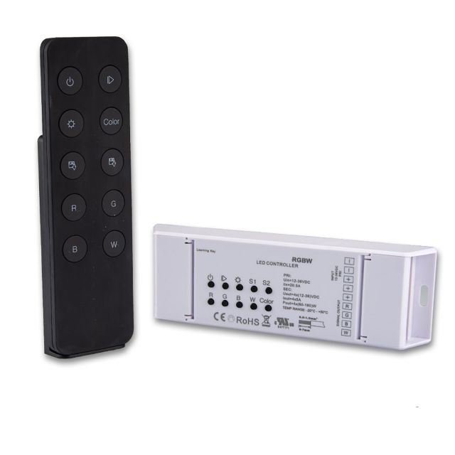 Controller PWM RGB+W con controllo locale e remoto, 2 memorie di scena, 4 canali, 12-36V, 4x5A