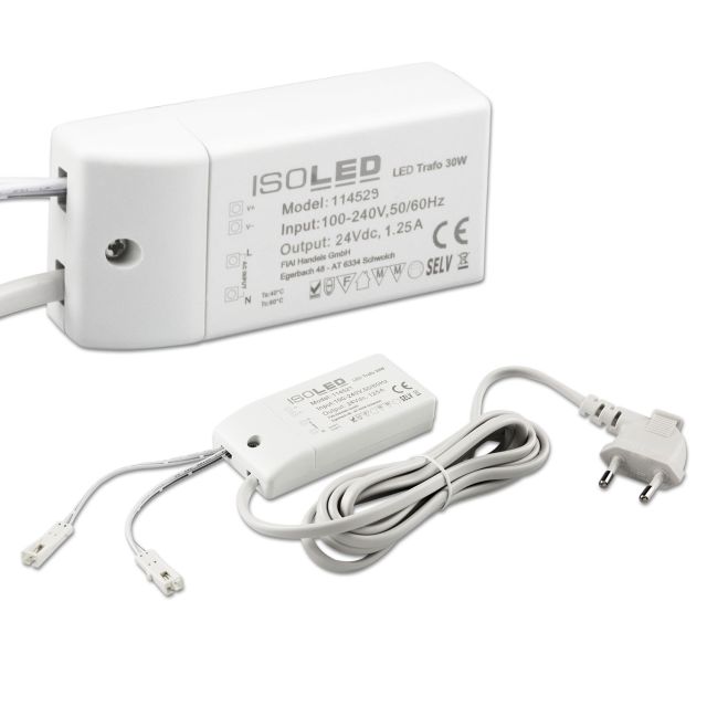 LED transformer MiniAMP 24V/DC, 0-30W, 200cm cable with flat plug, secondary 2 female sockets