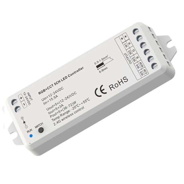 Sys-Pro RGB+CCT RF mesh PWM dimmer, 1-5 canali, 12-24V DC 5x3A