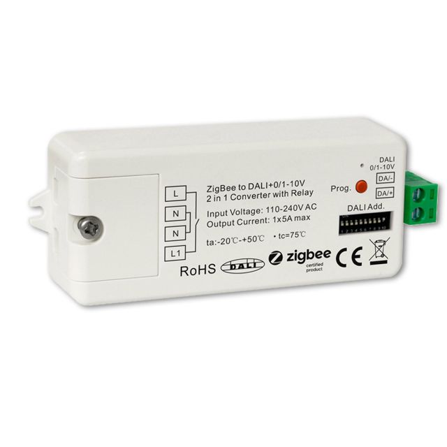 Convertisseur de signaux ZIGBEE vers DALI DT6/DT8 ou 0/1-10V + relais de commutation 5A, 110-240V AC