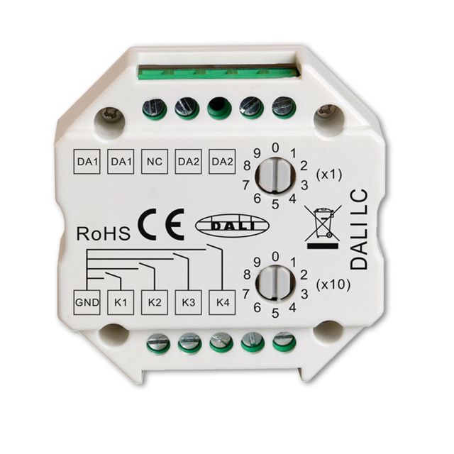 DALI master control for 4 addresses, control via 4 push (close) button inputs, DALI bus voltage