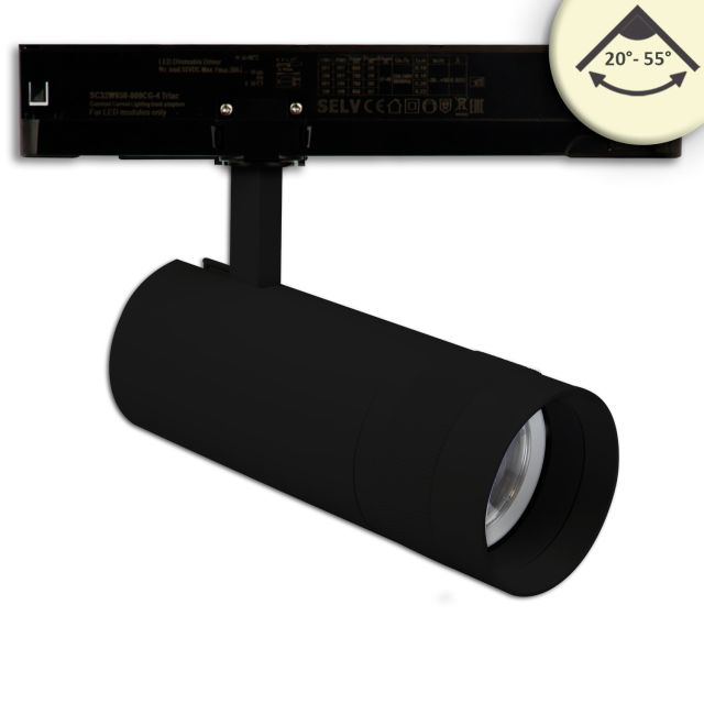 3-Phasen Schienenstrahler fokussierbar, 24W, 20°-55°, schwarz matt, 3000K, dimmbar
