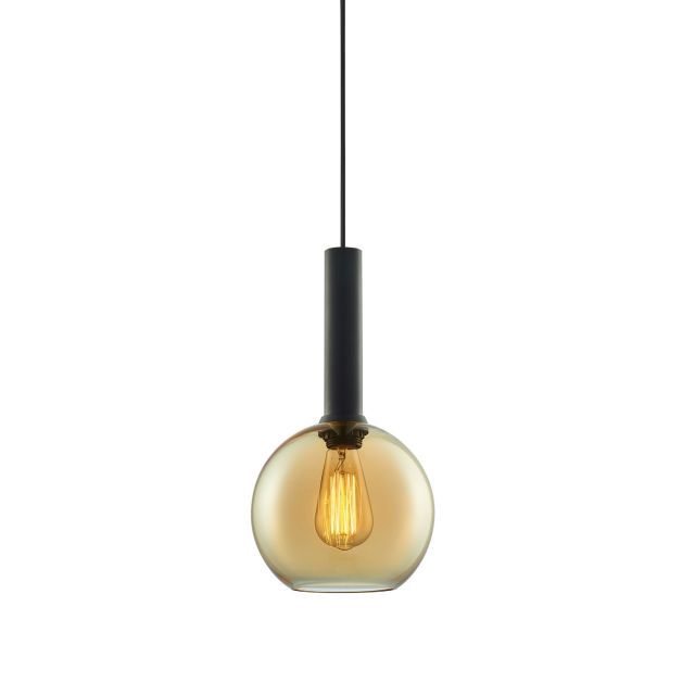 Pendant lamp, amber round glass, E27, 20cm, 50-300cm, excl. illuminant, excl. canopy