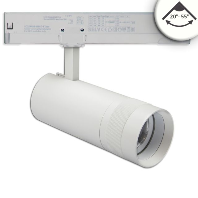 3-Phasen Schienenstrahler fokussierbar, 24W, 20°-55°, weiß matt, 4000K, dimmbar