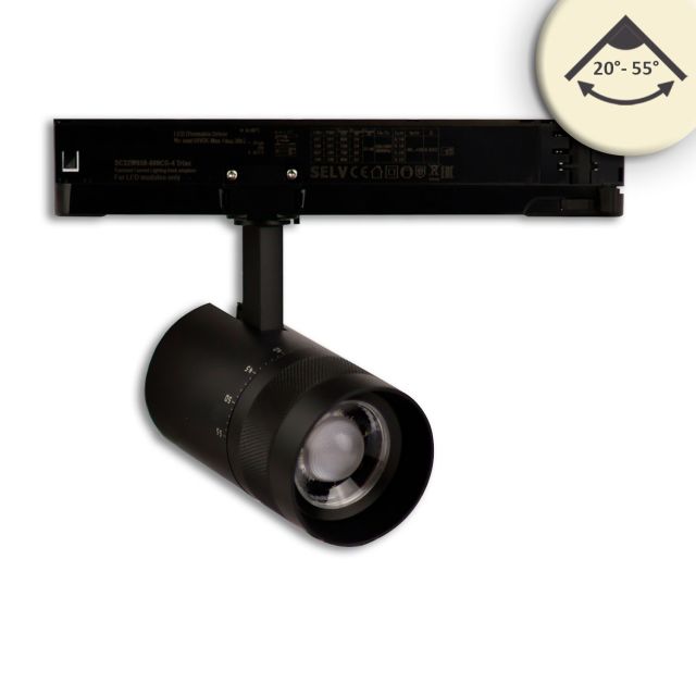 3-PH Tracklight focusable, 12W, 20°-55°, black matt, 3000K, DALI dimmable