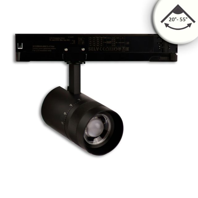 3-PH Tracklight focusable, 12W, 20°-55°, black matt, 4000K, DALI dimmable