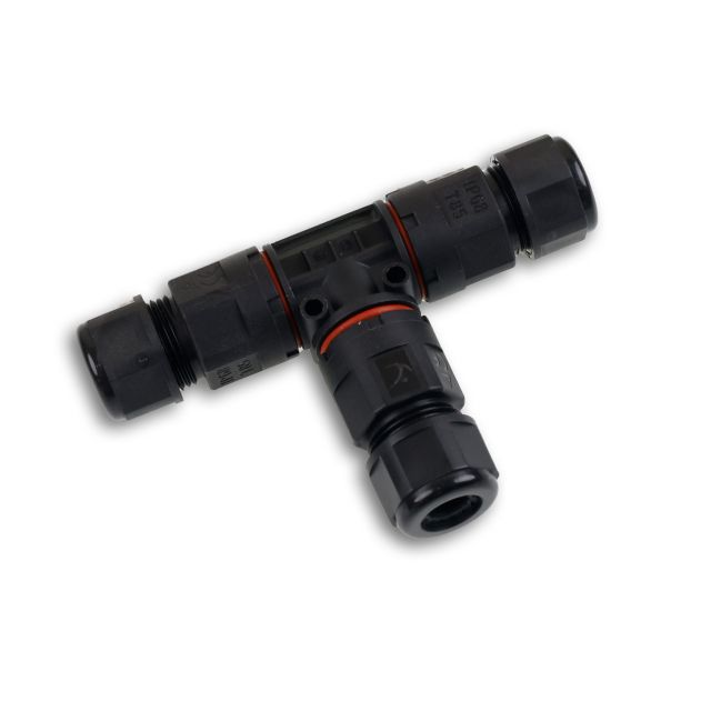 Cable T-connector IP68, 3-pole 0,75-2,5mm² with spring clip, max. 250V 16A, sheathed dm 6,5-11mm