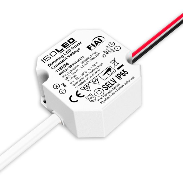 Trasformatore per scatola interruttori LED PWM 24V/DC, 0-12W, profondità 24mm, IP65, dimmerab., SELV