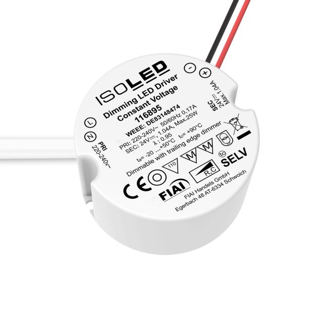 Trasformatore per scatola portafrutto LED PWM 24V/DC, 12-25W, profonditĂ 30mm, IP65, dimmerab., SELV