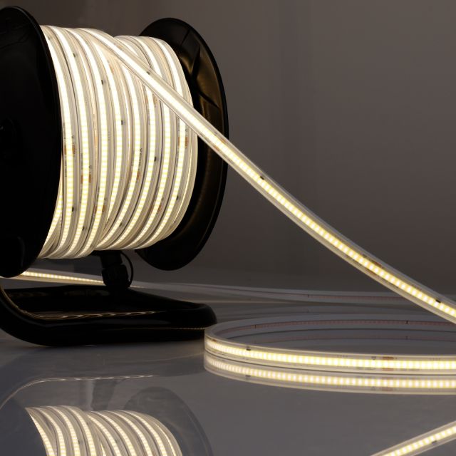 LED Flexband 230V COB, 12W/m, 15m Rolle auf Kabeltrommel, 4000K, CRI80, IP67, male/female Anschluss