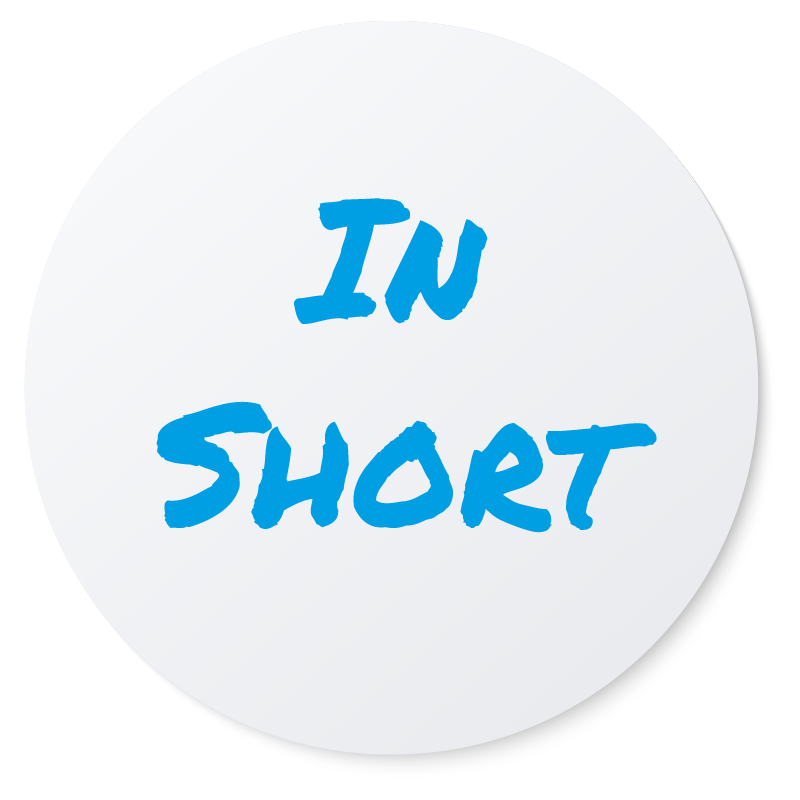 White circular graphic with the blue handwritten-style text ‘IN SHORT’ in the center on a light gray background.