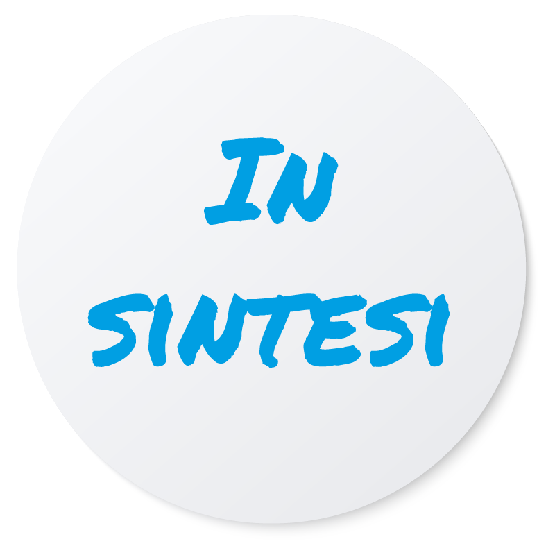 Cerchio bianco con la scritta blu IN SINTESI al centro su sfondo chiaro.