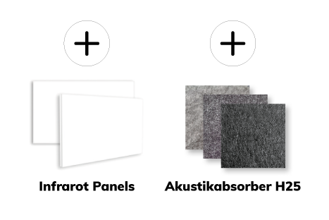 Zwei schwarze Kreise schweben &uuml;ber wei&szlig;en rechteckigen Schildern links und grauen Filzplatten rechts auf wei&szlig;em Hintergrund. Keine weiteren Details oder Texte vorhanden.